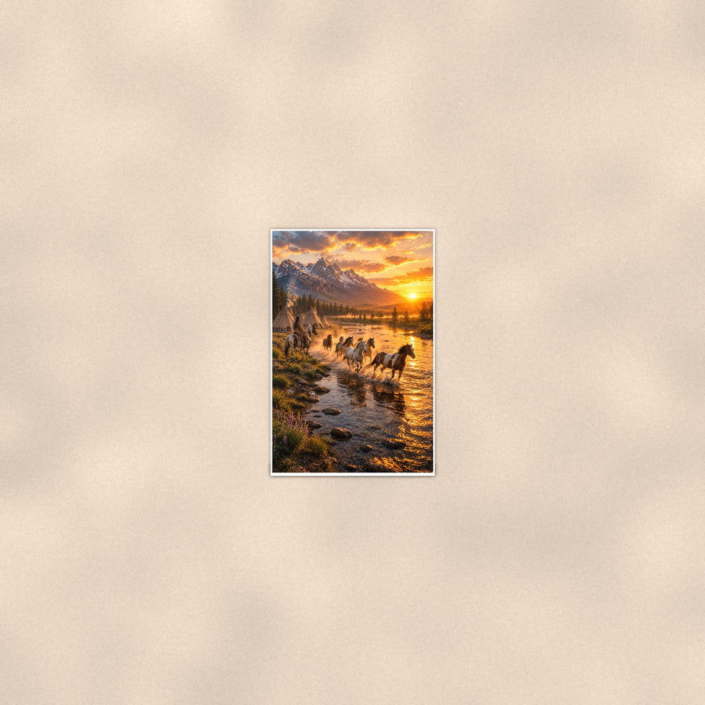 Cattle Drive Sunset — 24x36 in art print poster, premium luster paper with a white border; poster seen from further back, at true 24x36 in scale on a warm wall.