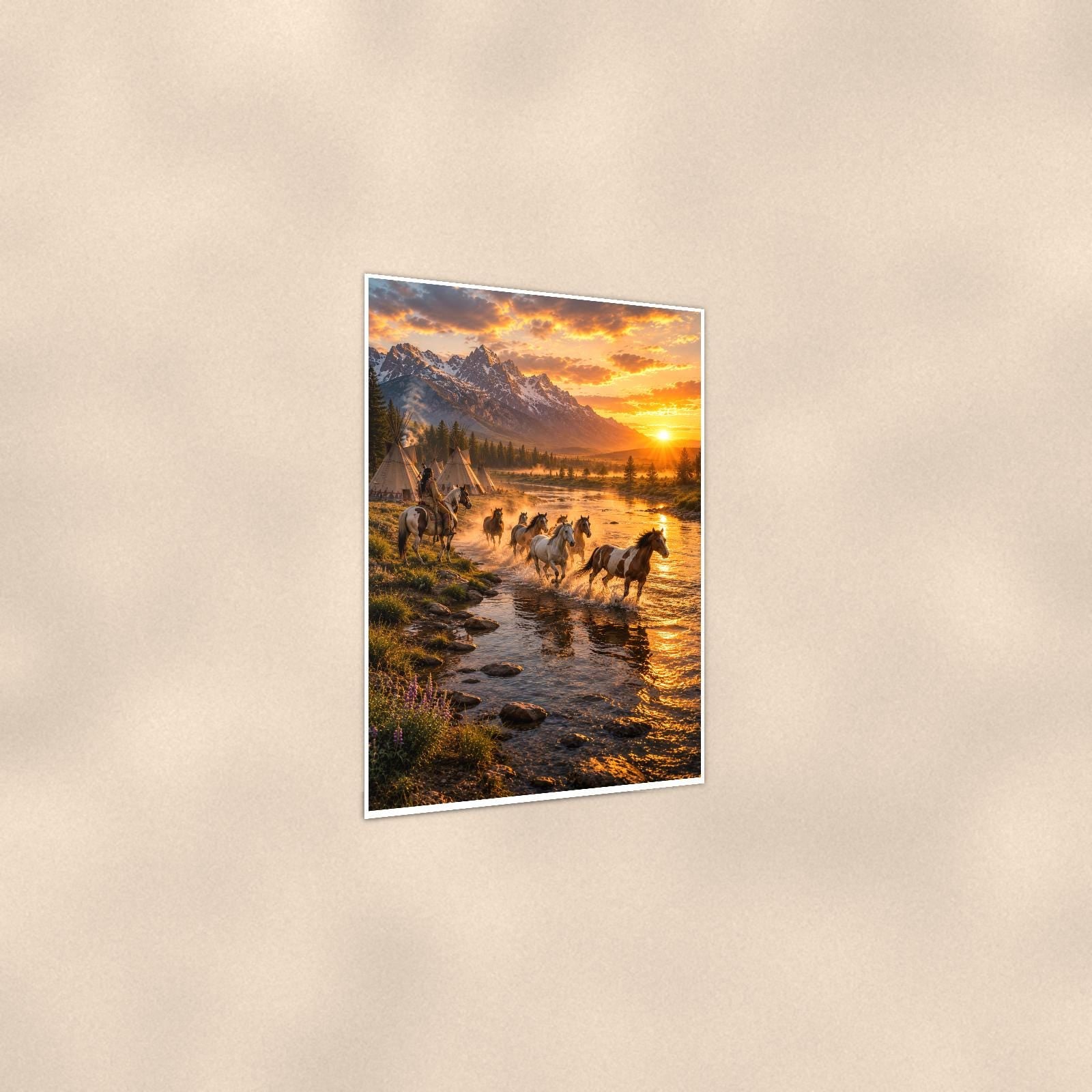 Cattle Drive Sunset — 24x36 in art print poster, premium luster paper with a white border; gentle three-quarter angle on a warm wall, showing the flat paper edge.