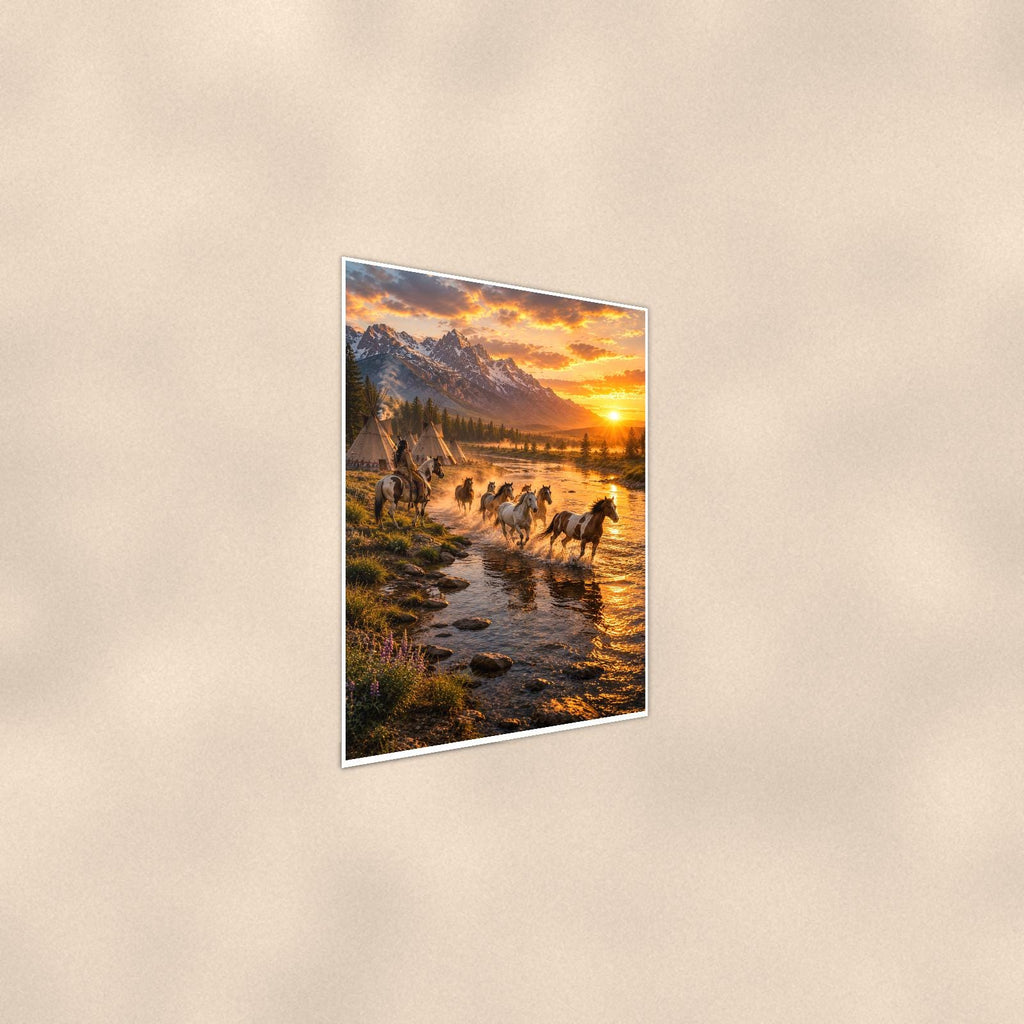 Cattle Drive Sunset — 24x36 in art print poster, premium luster paper with a white border; steeper three-quarter angle on a warm wall, catching the luster sheen.