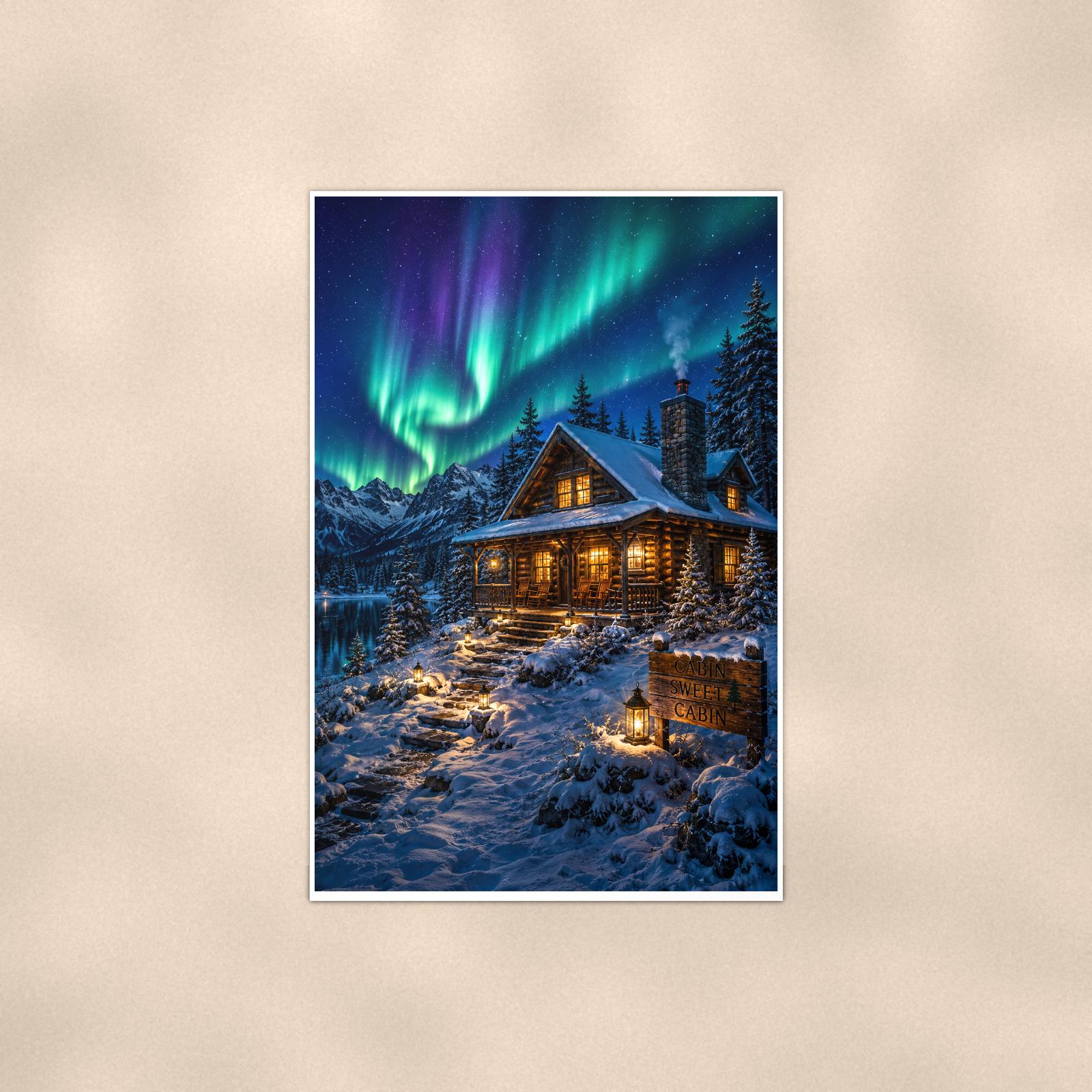 Aurora Cabin — 24x36 in art print poster, premium luster paper with a white border; poster shown straight on against a warm wall.
