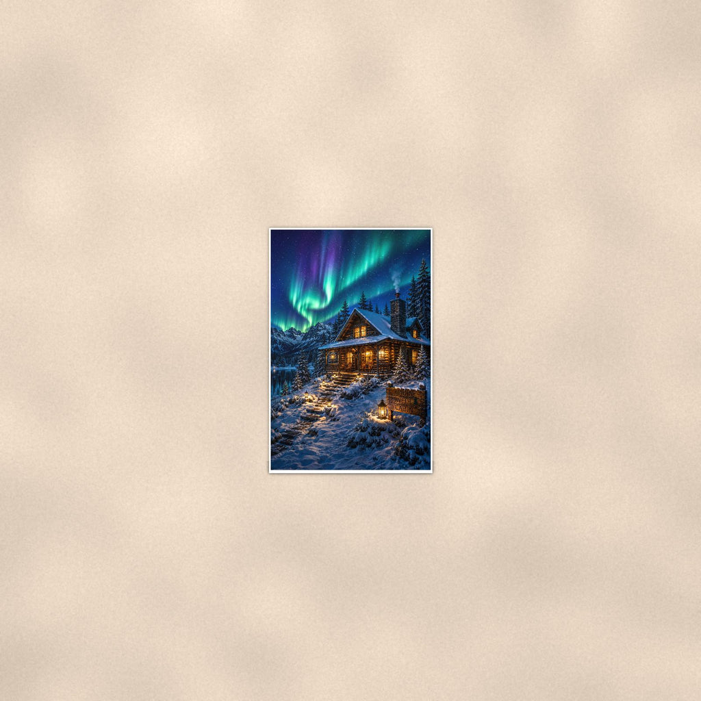 Aurora Cabin — 24x36 in art print poster, premium luster paper with a white border; poster seen from further back, at true 24x36 in scale on a warm wall.