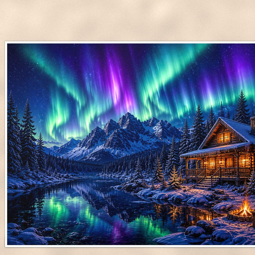 Aurora Mountain Cabin — 36x24 in art print poster, premium luster paper with a white border; close-up framed on the main subject of the artwork, paper surface visible.