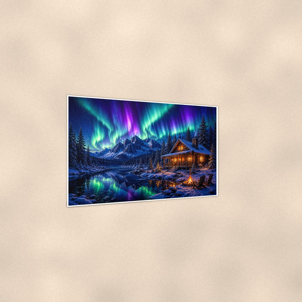 Aurora Mountain Cabin — 36x24 in art print poster, premium luster paper with a white border; gentle three-quarter angle on a warm wall, showing the flat paper edge.