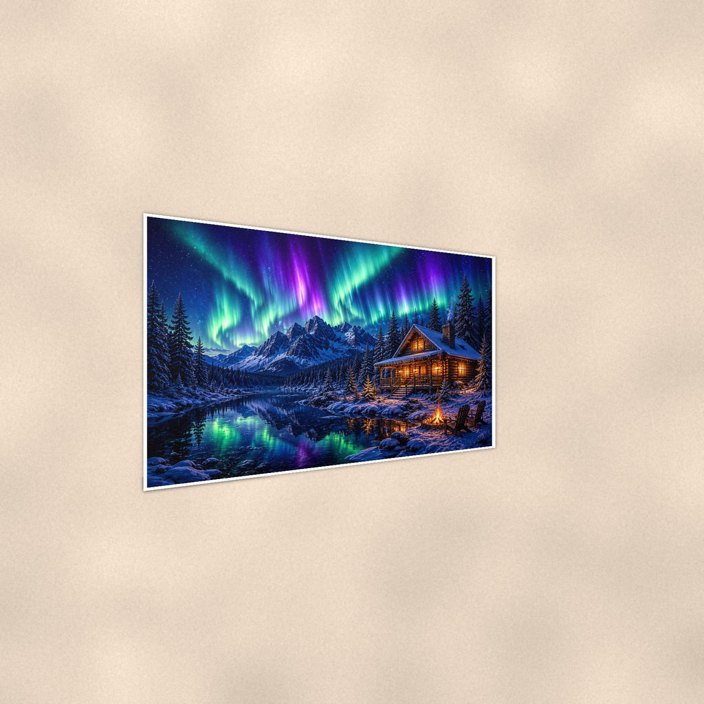 Aurora Mountain Cabin — 36x24 in art print poster, premium luster paper with a white border; steeper three-quarter angle on a warm wall, catching the luster sheen.