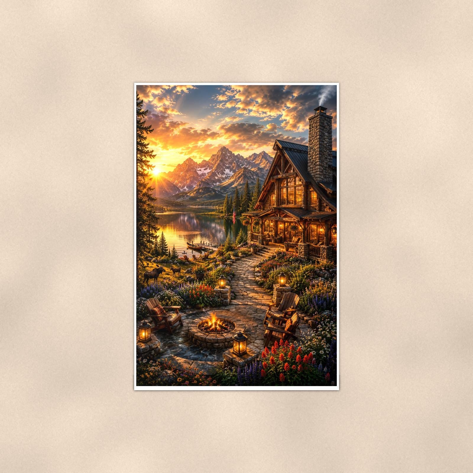 Mountain Stream Cabin — 24x36 in art print poster, premium luster paper with a white border; poster shown straight on against a warm wall.