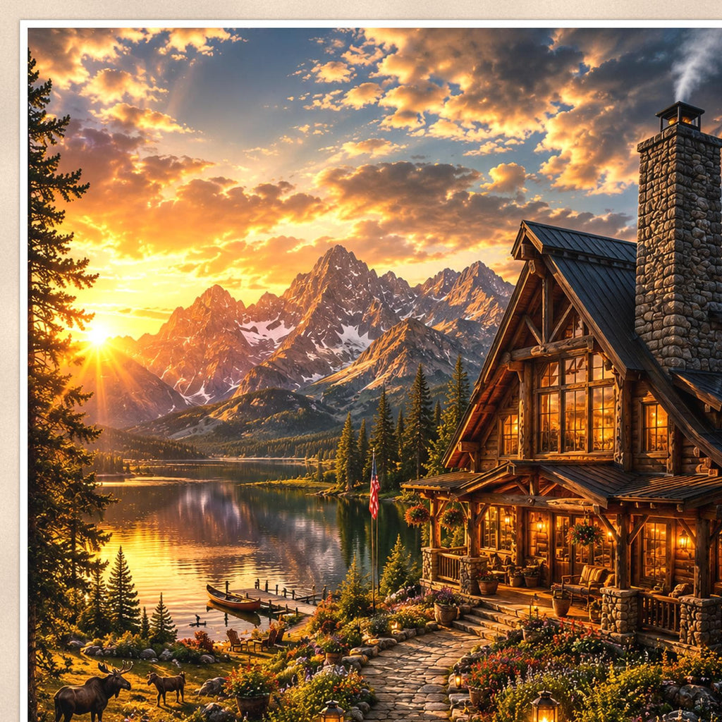 Mountain Stream Cabin — 24x36 in art print poster, premium luster paper with a white border; close-up framed on the main subject of the artwork, paper surface visible.