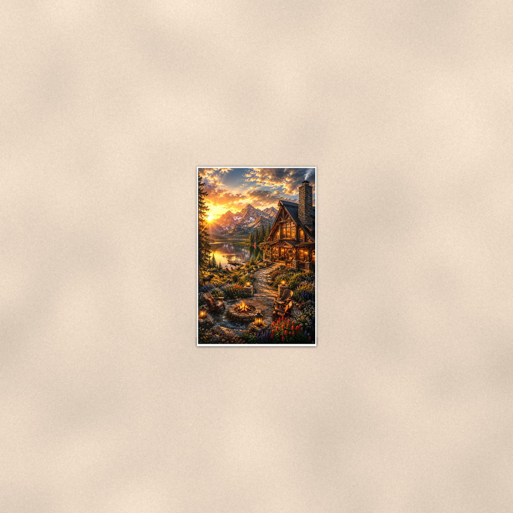 Mountain Stream Cabin — 24x36 in art print poster, premium luster paper with a white border; poster seen from further back, at true 24x36 in scale on a warm wall.