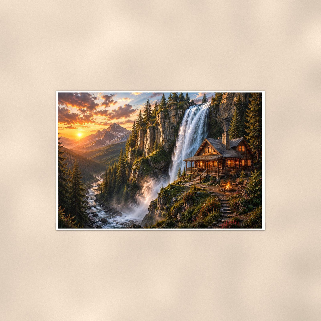 Waterfall Cabin Retreat — 36x24 in art print poster, premium luster paper with a white border; poster shown straight on against a warm wall.