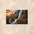 Waterfall Cabin Retreat — 36x24 in art print poster, premium luster paper with a white border; poster shown straight on against a warm wall.