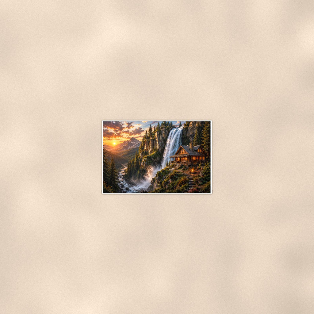 Waterfall Cabin Retreat — 36x24 in art print poster, premium luster paper with a white border; poster seen from further back, at true 24x36 in scale on a warm wall.