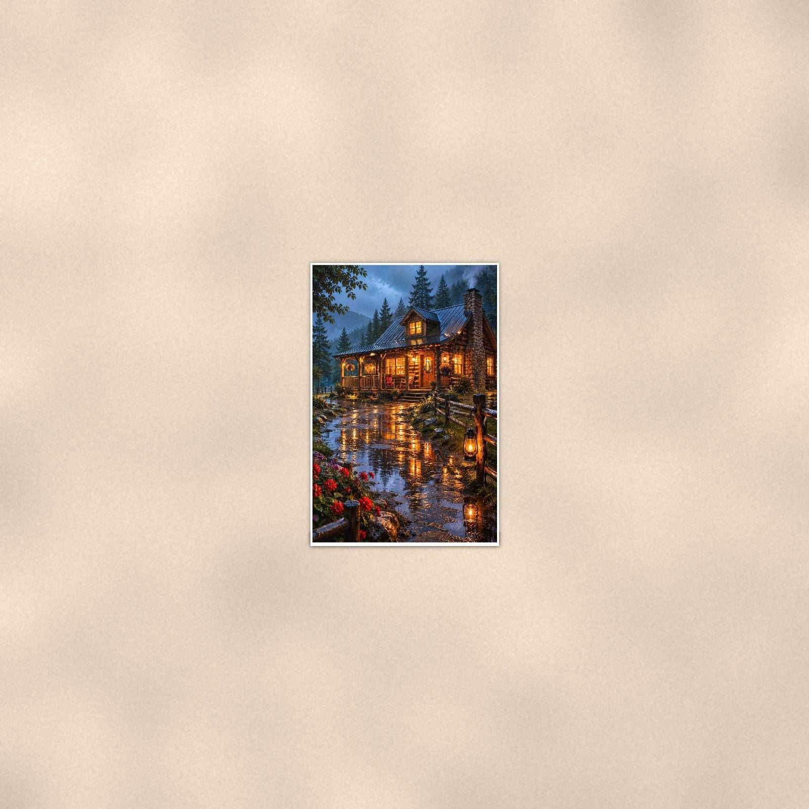 Lake Lodge Evening — 24x36 in art print poster, premium luster paper with a white border; poster seen from further back, at true 24x36 in scale on a warm wall.