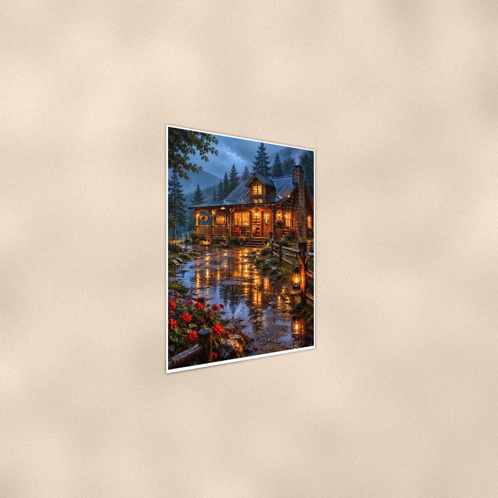 Lake Lodge Evening — 24x36 in art print poster, premium luster paper with a white border; steeper three-quarter angle on a warm wall, catching the luster sheen.
