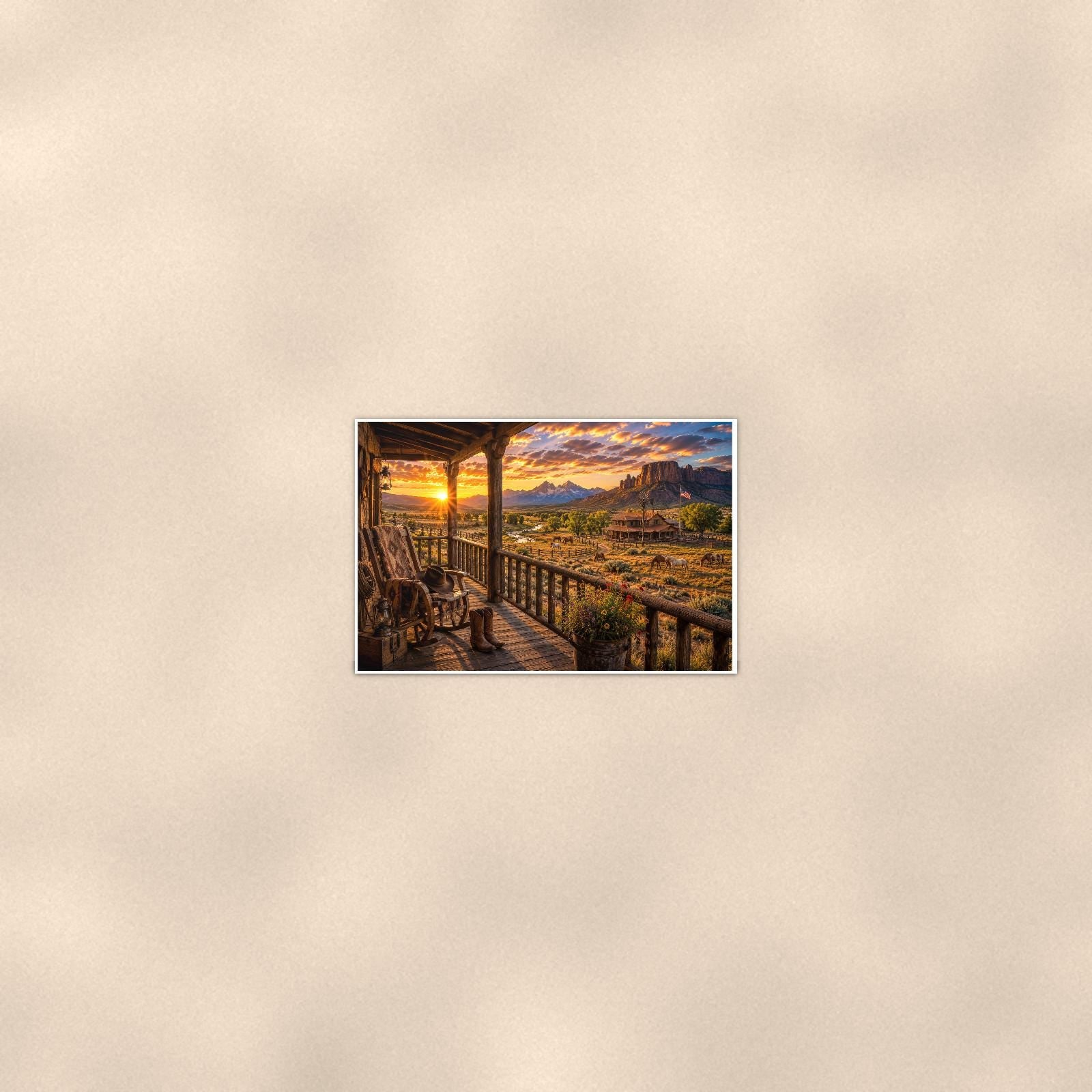 Mountain Porch View — 36x24 in art print poster, premium luster paper with a white border; poster seen from further back, at true 24x36 in scale on a warm wall.