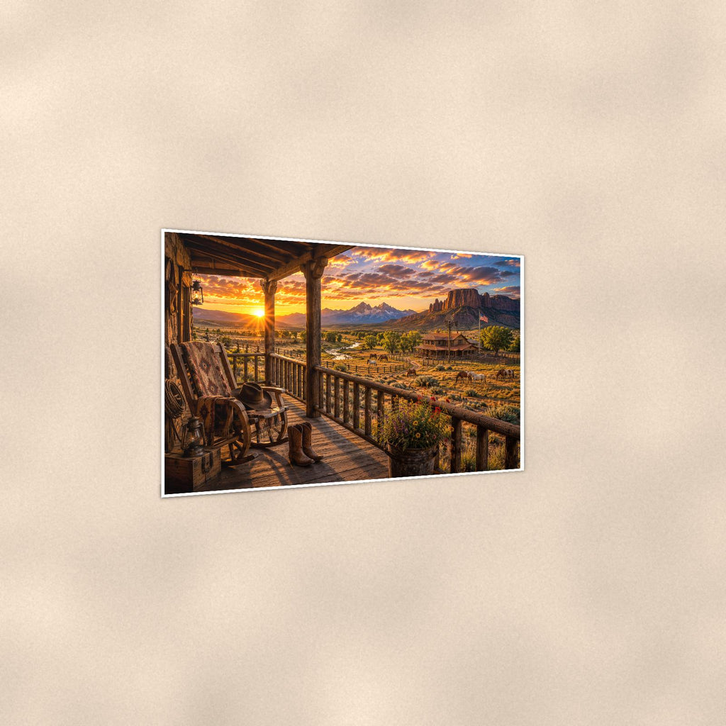 Mountain Porch View — 36x24 in art print poster, premium luster paper with a white border; gentle three-quarter angle on a warm wall, showing the flat paper edge.
