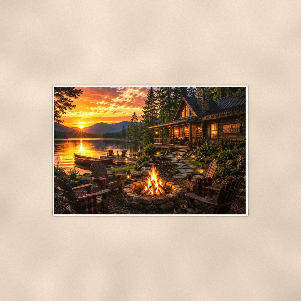 Lakeside Cabin Campfire — 36x24 in art print poster, premium luster paper with a white border; poster shown straight on against a warm wall.