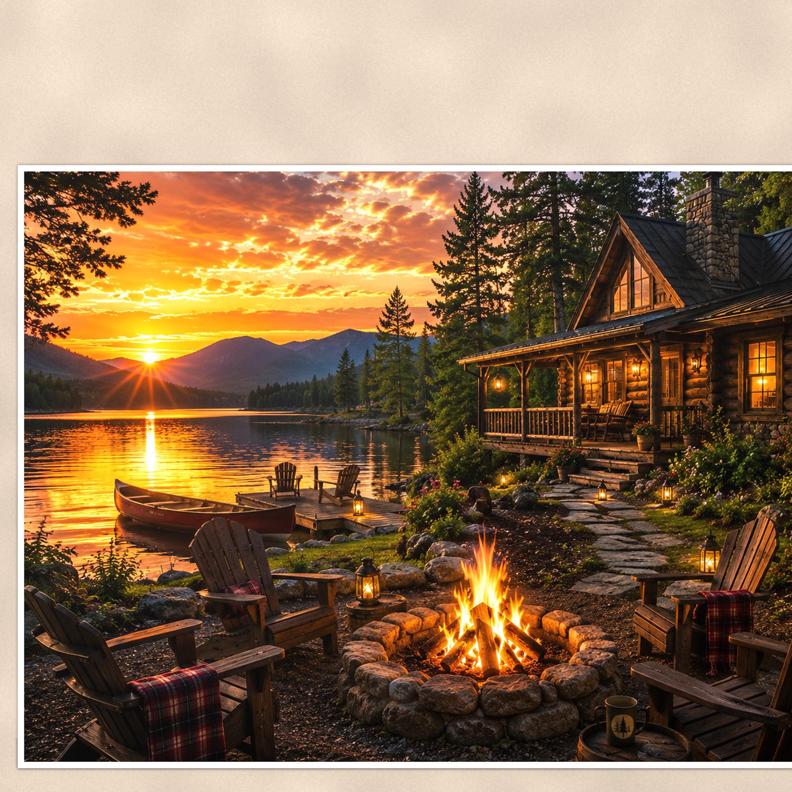 Lakeside Cabin Campfire — 36x24 in art print poster, premium luster paper with a white border; close-up framed on the main subject of the artwork, paper surface visible.