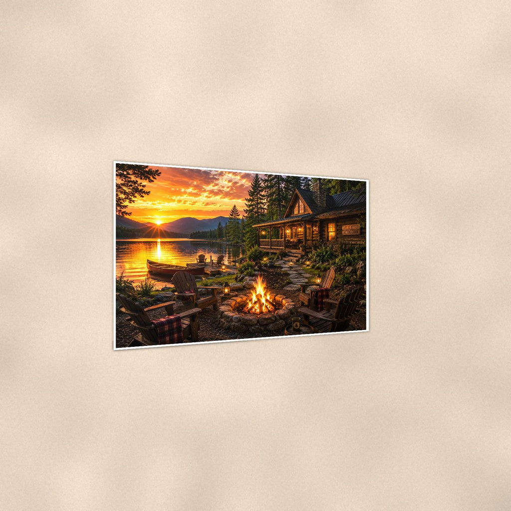 Lakeside Cabin Campfire — 36x24 in art print poster, premium luster paper with a white border; gentle three-quarter angle on a warm wall, showing the flat paper edge.