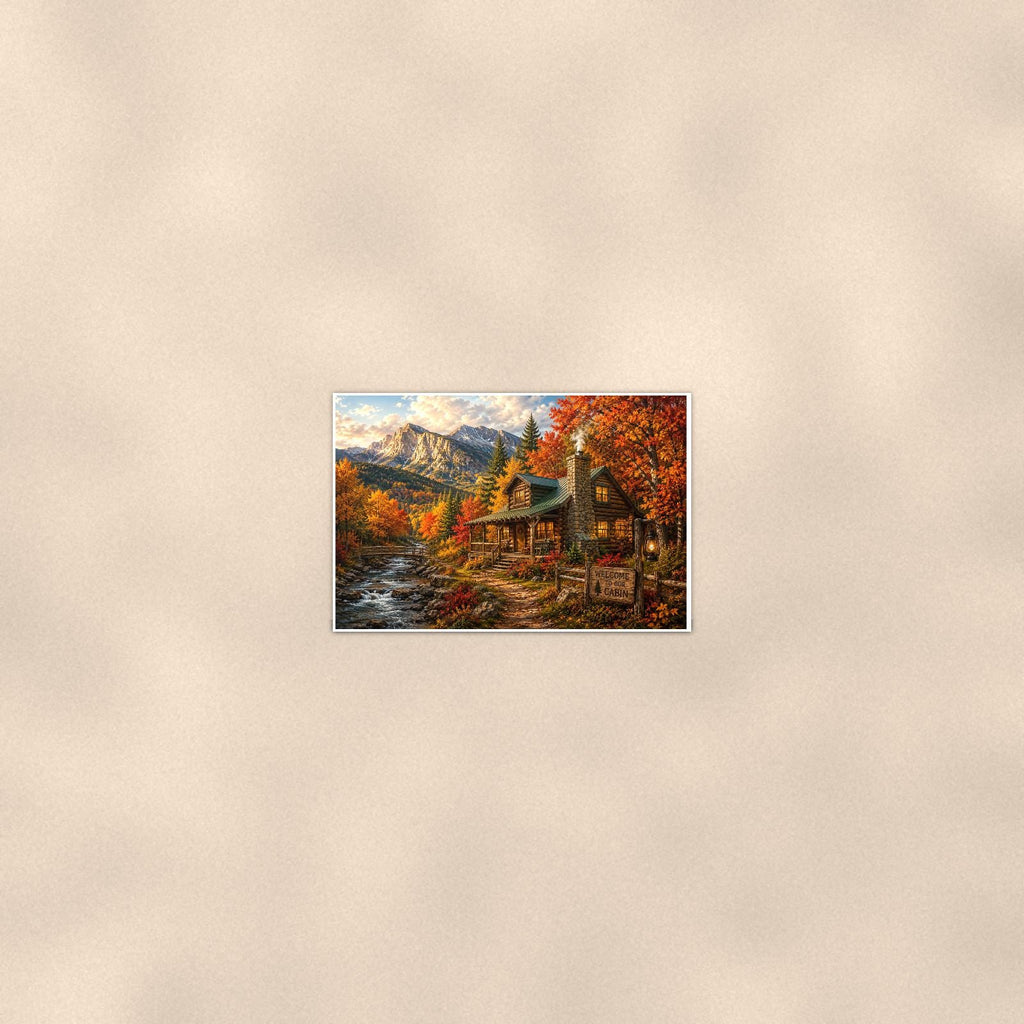 Autumn Creek Cabin — 36x24 in art print poster, premium luster paper with a white border; poster seen from further back, at true 24x36 in scale on a warm wall.
