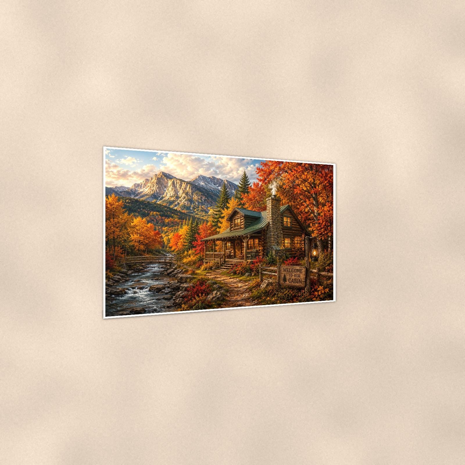 Autumn Creek Cabin — 36x24 in art print poster, premium luster paper with a white border; gentle three-quarter angle on a warm wall, showing the flat paper edge.
