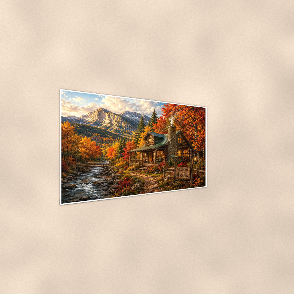 Autumn Creek Cabin — 36x24 in art print poster, premium luster paper with a white border; steeper three-quarter angle on a warm wall, catching the luster sheen.