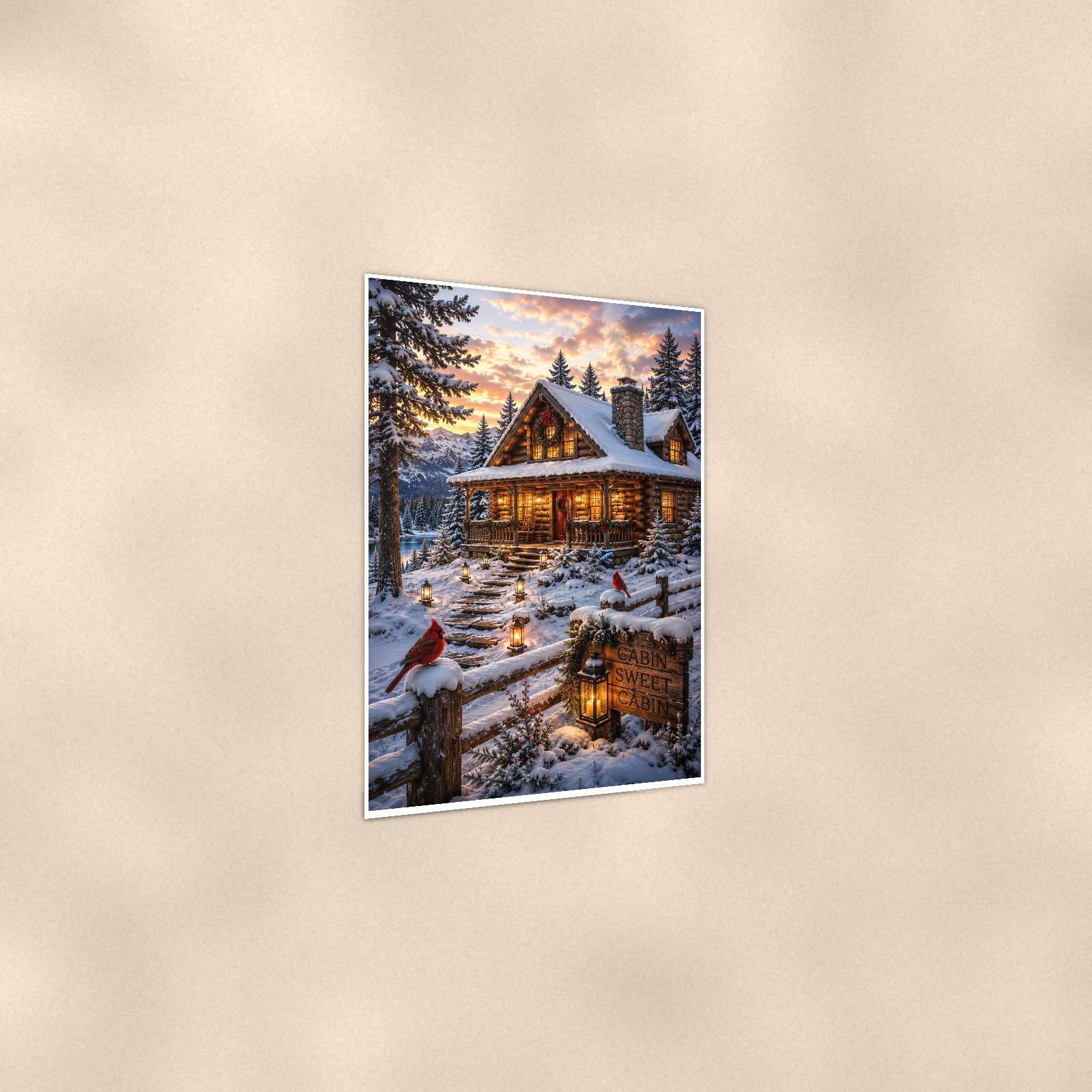 Snowy Cabin Evening — 24x36 in art print poster, premium luster paper with a white border; gentle three-quarter angle on a warm wall, showing the flat paper edge.
