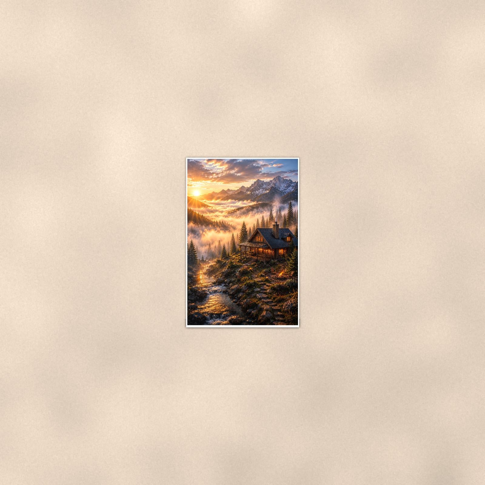 Mountain Cabin Sunrise — 24x36 in art print poster, premium luster paper with a white border; poster seen from further back, at true 24x36 in scale on a warm wall.