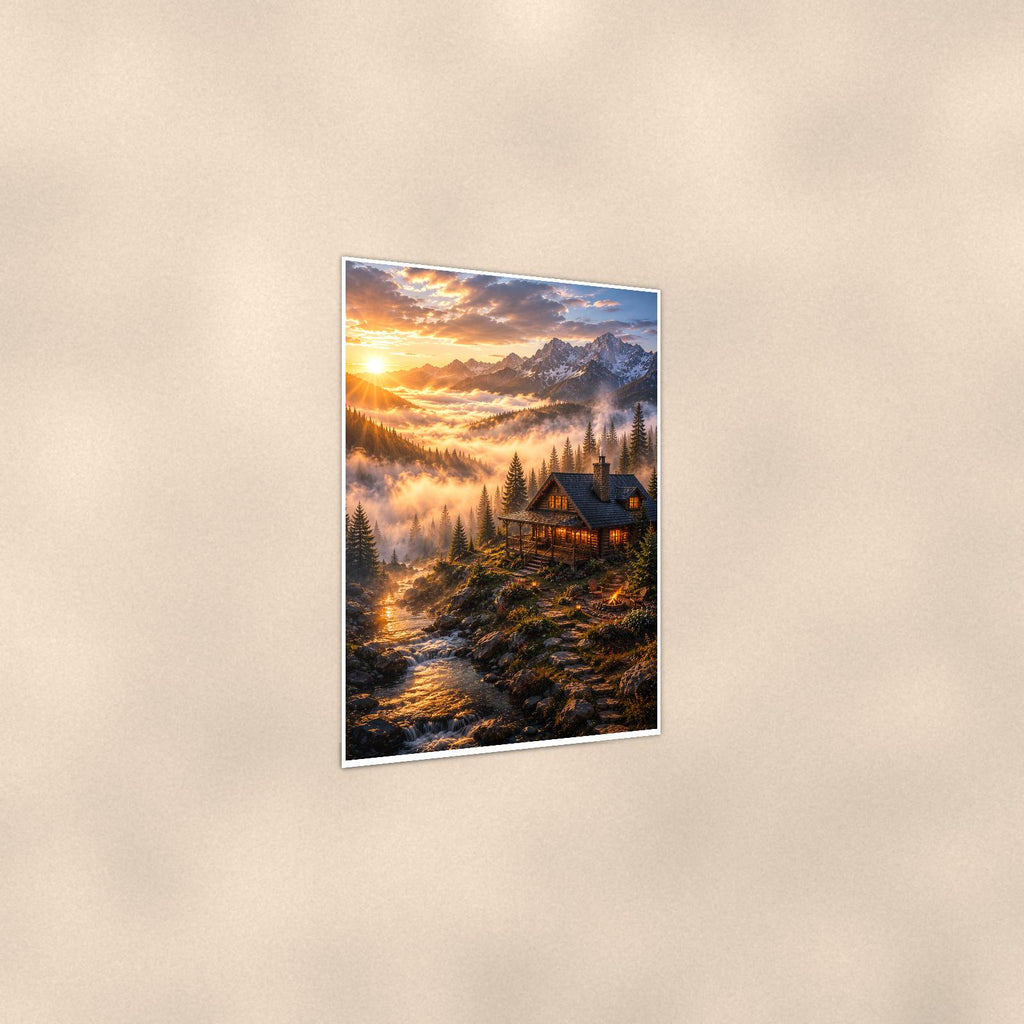 Mountain Cabin Sunrise — 24x36 in art print poster, premium luster paper with a white border; gentle three-quarter angle on a warm wall, showing the flat paper edge.
