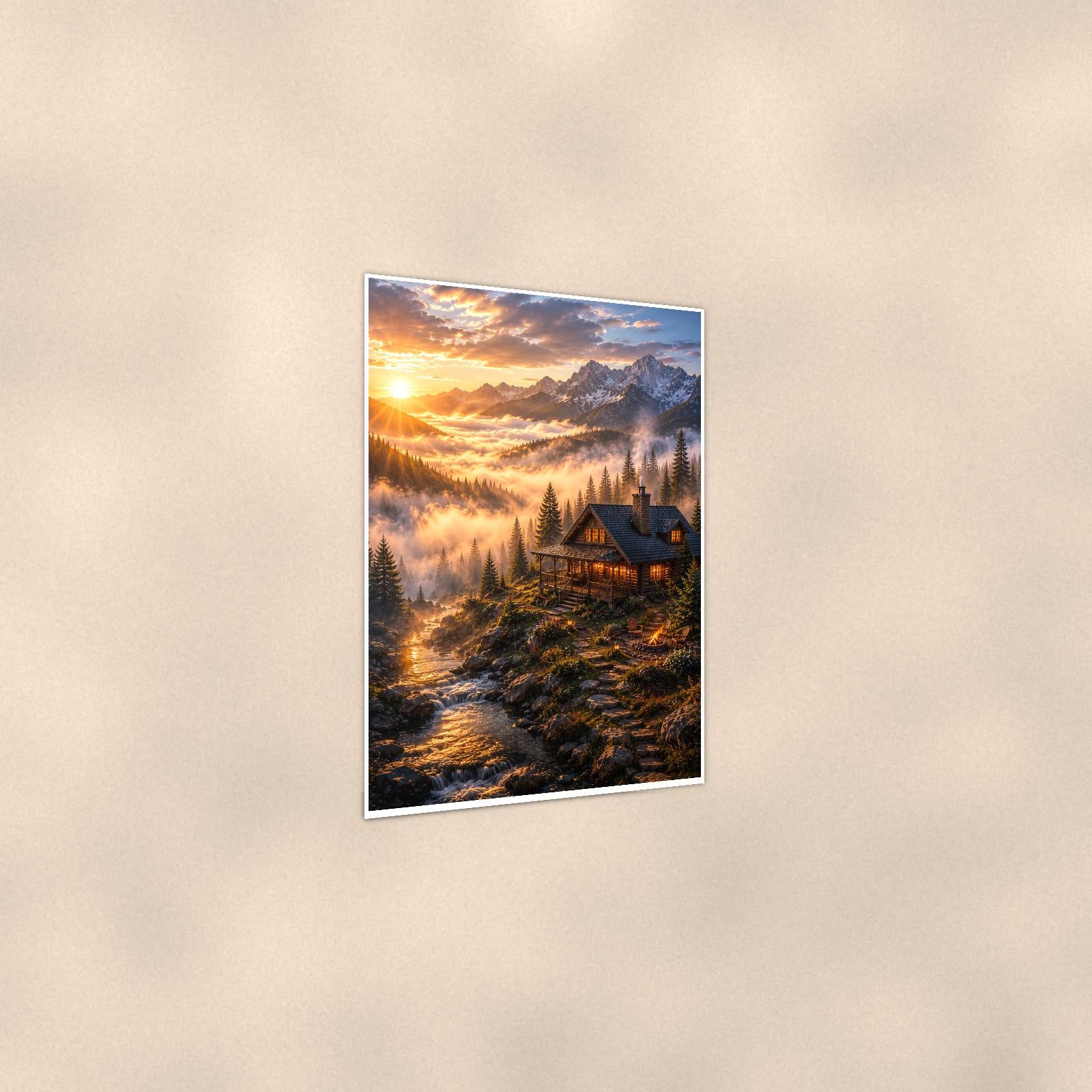 Mountain Cabin Sunrise — 24x36 in art print poster, premium luster paper with a white border; gentle three-quarter angle on a warm wall, showing the flat paper edge.