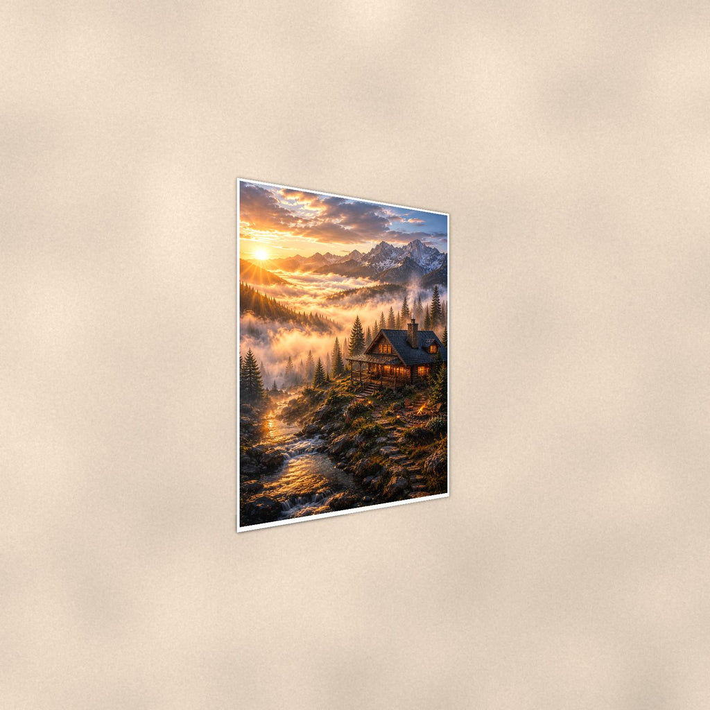 Mountain Cabin Sunrise — 24x36 in art print poster, premium luster paper with a white border; steeper three-quarter angle on a warm wall, catching the luster sheen.