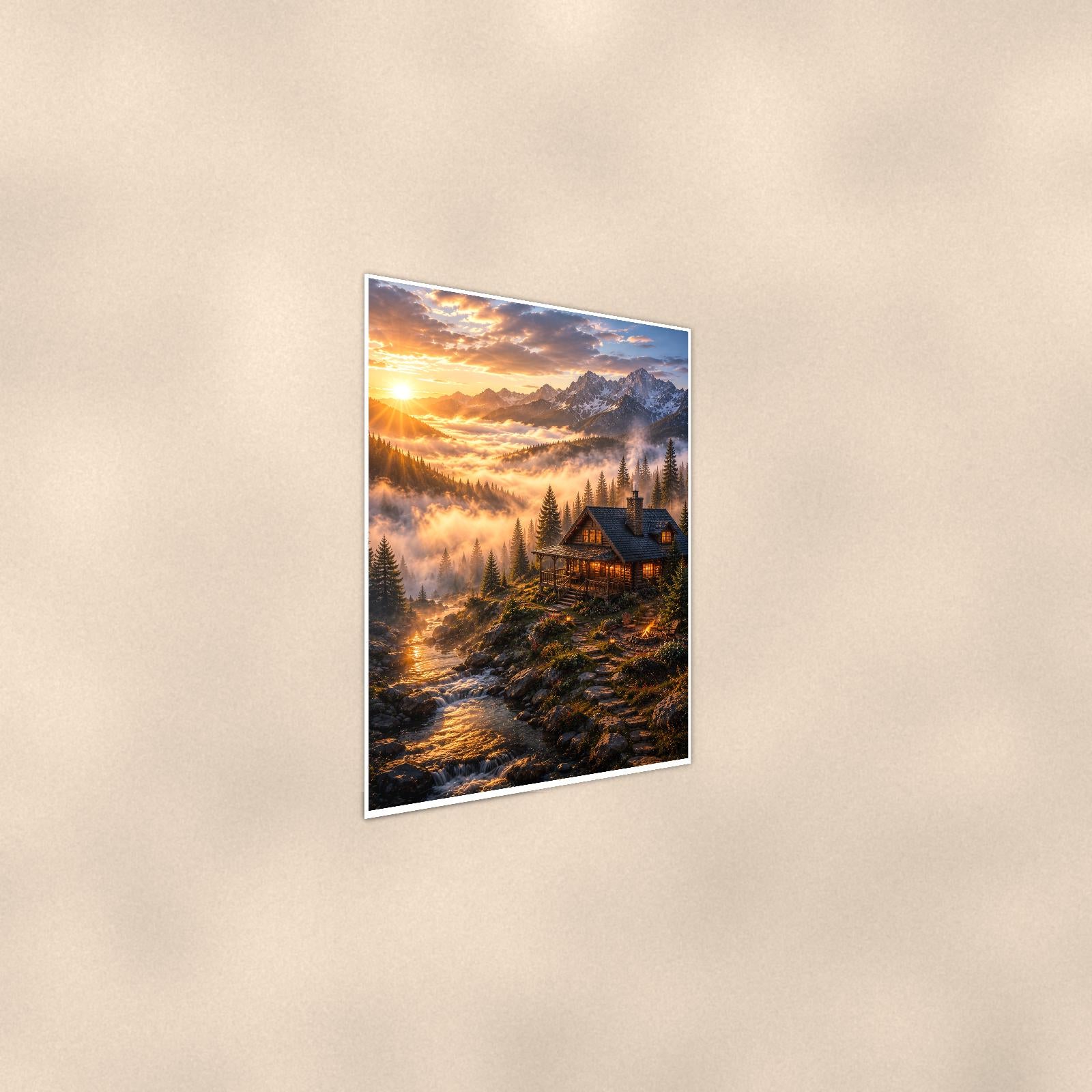 Mountain Cabin Sunrise — 24x36 in art print poster, premium luster paper with a white border; steeper three-quarter angle on a warm wall, catching the luster sheen.