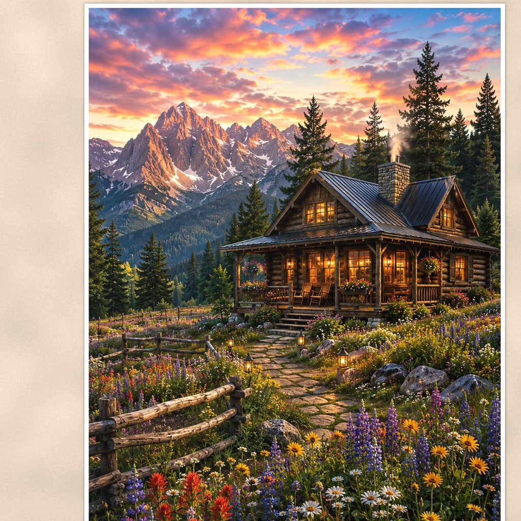 Mountain Cabin Wildflowers — 24x36 in art print poster, premium luster paper with a white border; close-up framed on the main subject of the artwork, paper surface visible.