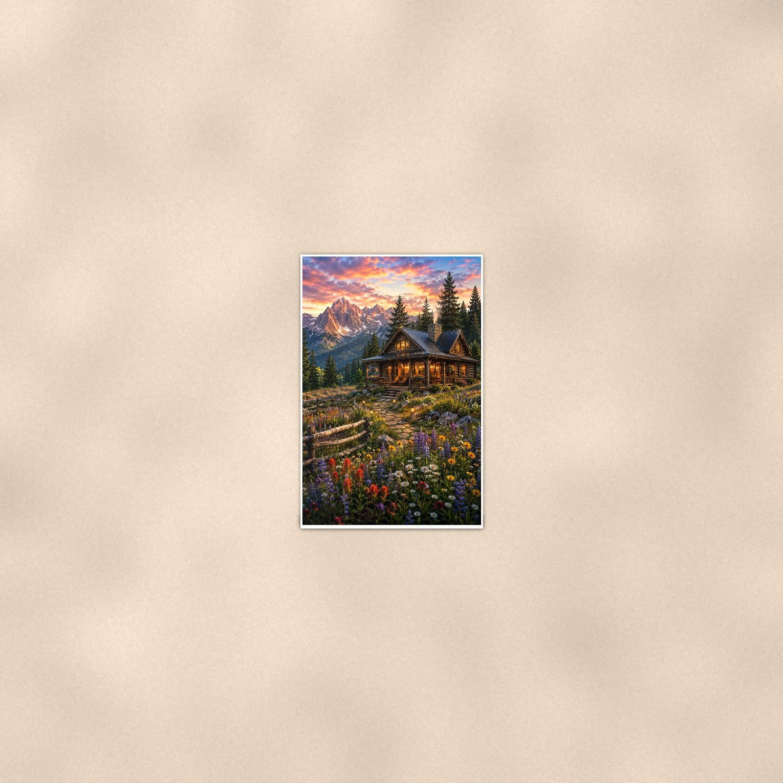 Mountain Cabin Wildflowers — 24x36 in art print poster, premium luster paper with a white border; poster seen from further back, at true 24x36 in scale on a warm wall.