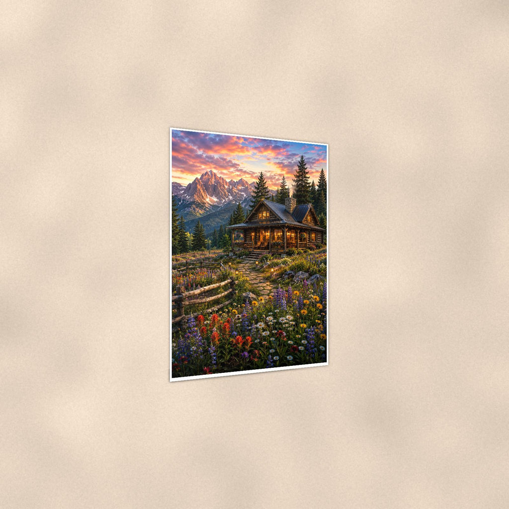 Mountain Cabin Wildflowers — 24x36 in art print poster, premium luster paper with a white border; gentle three-quarter angle on a warm wall, showing the flat paper edge.