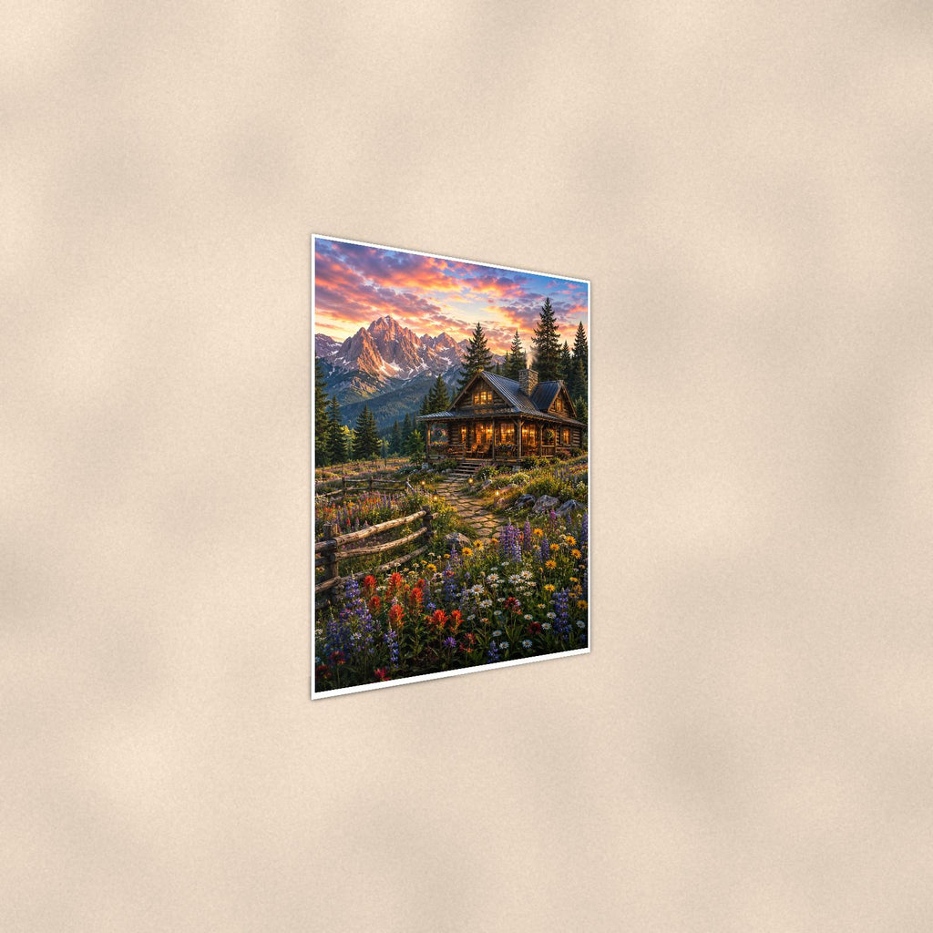 Mountain Cabin Wildflowers — 24x36 in art print poster, premium luster paper with a white border; steeper three-quarter angle on a warm wall, catching the luster sheen.