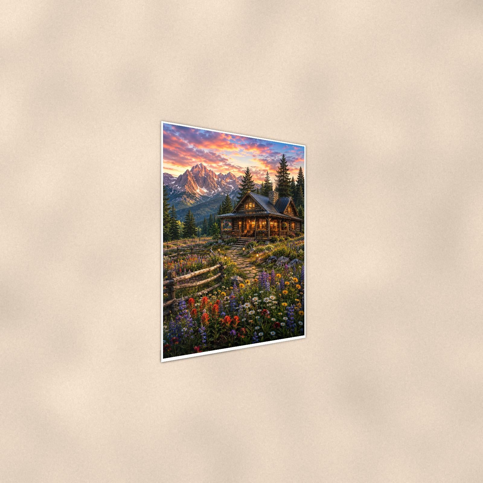 Mountain Cabin Wildflowers — 24x36 in art print poster, premium luster paper with a white border; steeper three-quarter angle on a warm wall, catching the luster sheen.