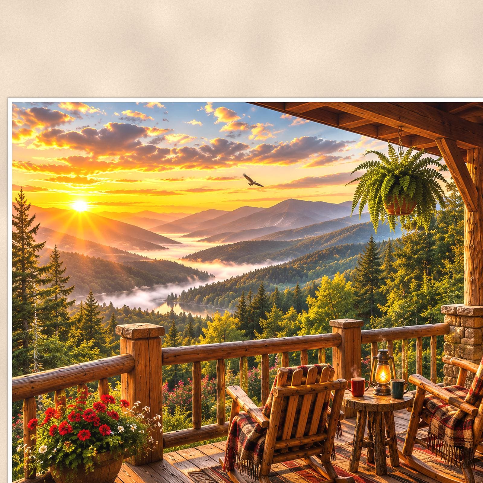 Lakeside Porch Sunset — 36x24 in art print poster, premium luster paper with a white border; close-up framed on the main subject of the artwork, paper surface visible.
