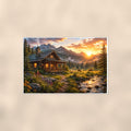 Creekside Mountain Cabin — 36x24 in art print poster, premium luster paper with a white border; poster shown straight on against a warm wall.