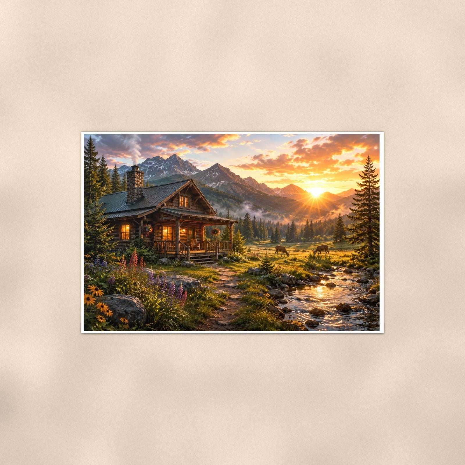 Creekside Mountain Cabin — 36x24 in art print poster, premium luster paper with a white border; poster shown straight on against a warm wall.