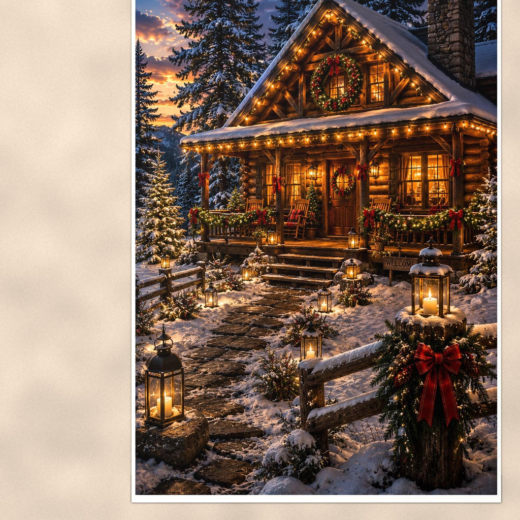 Christmas Cabin — 24x36 in art print poster, premium luster paper with a white border; close-up framed on the main subject of the artwork, paper surface visible.