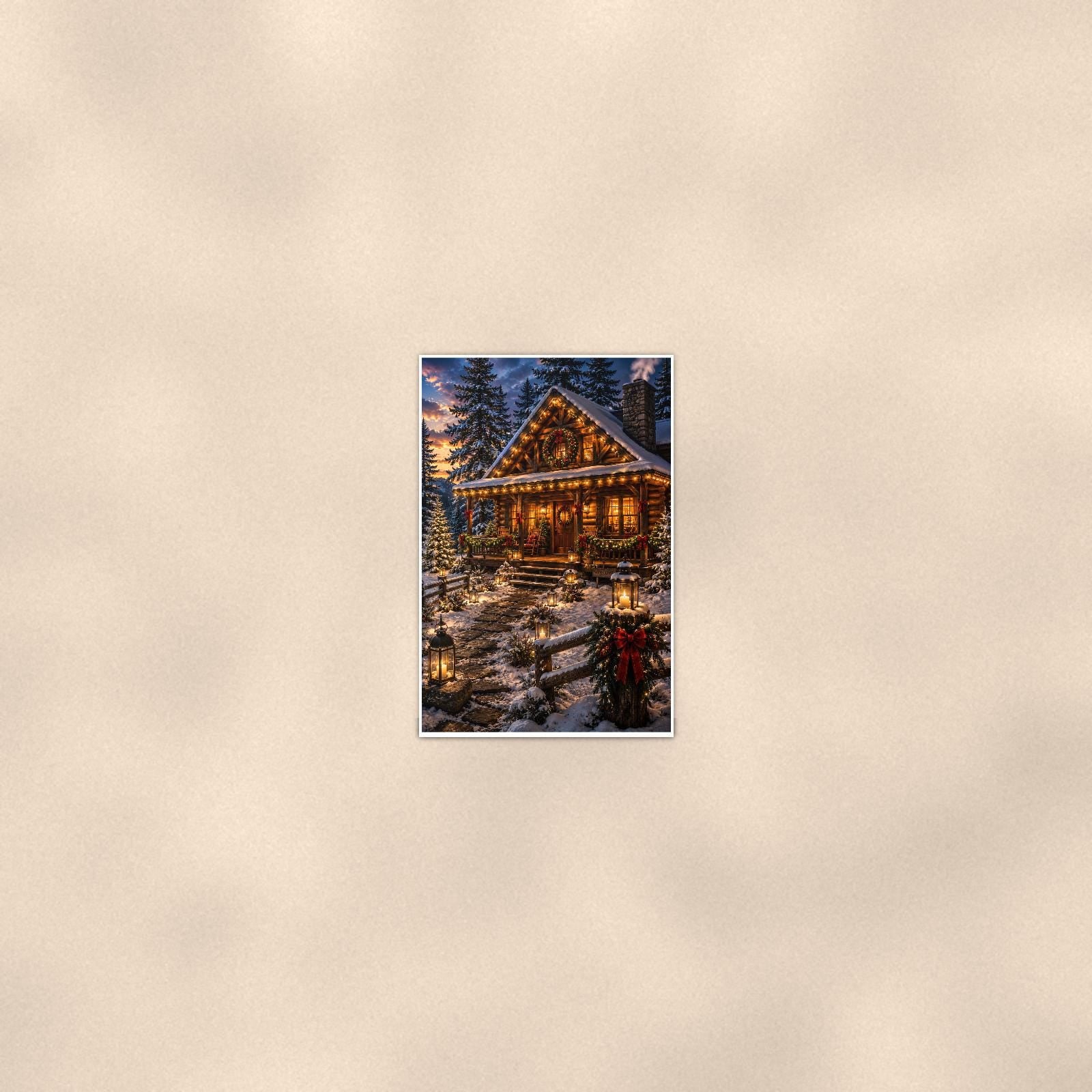 Christmas Cabin — 24x36 in art print poster, premium luster paper with a white border; poster seen from further back, at true 24x36 in scale on a warm wall.