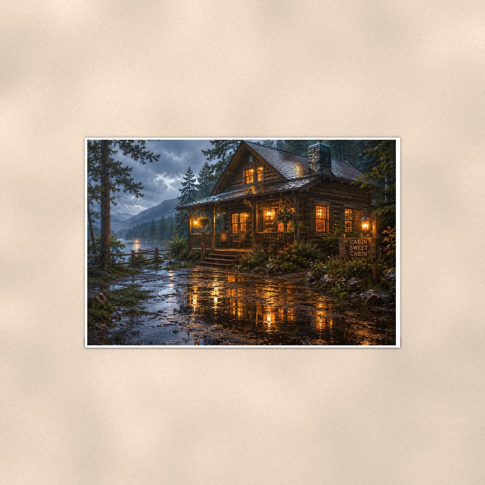 Rainy Lake Cabin — 36x24 in art print poster, premium luster paper with a white border; poster shown straight on against a warm wall.
