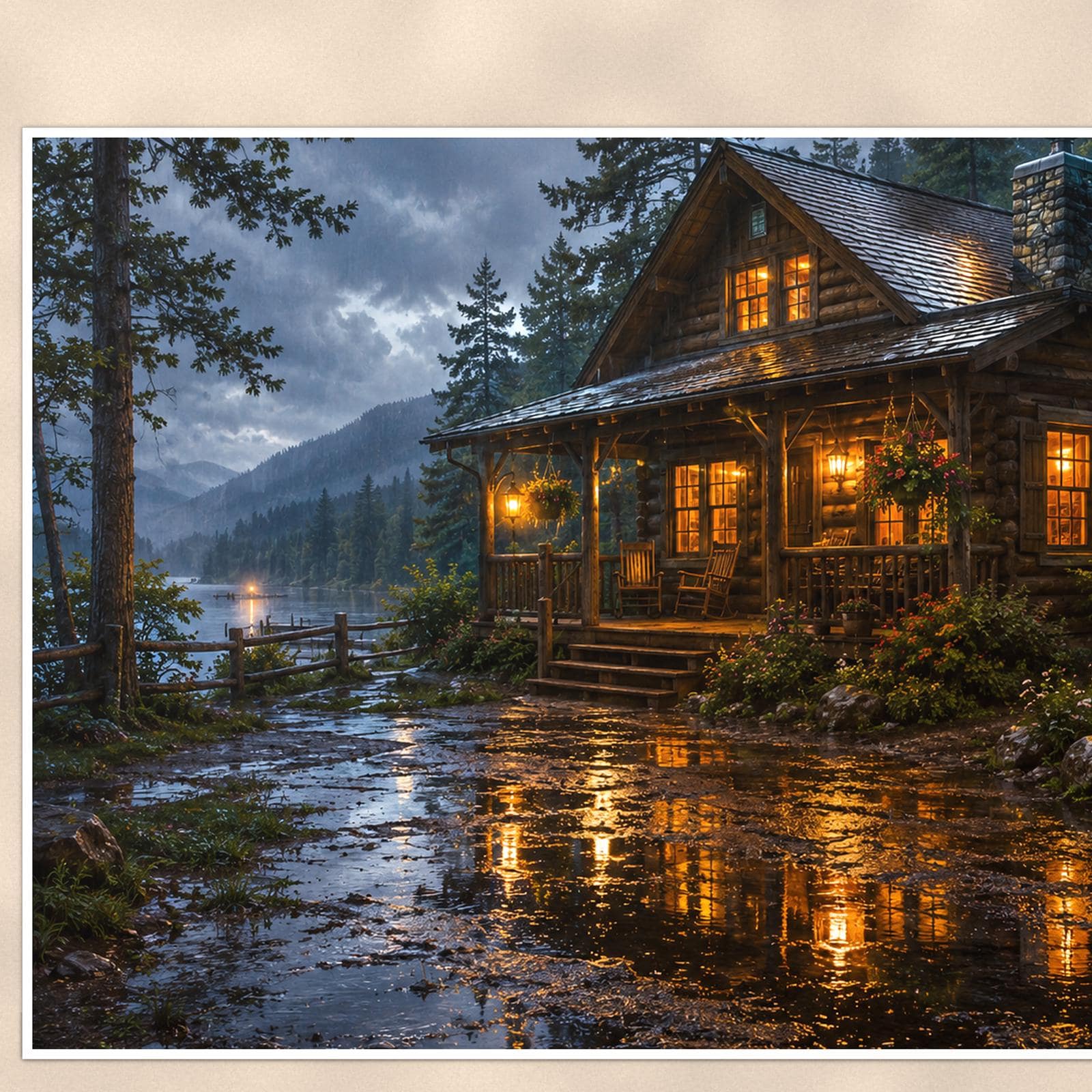 Rainy Lake Cabin — 36x24 in art print poster, premium luster paper with a white border; close-up framed on the main subject of the artwork, paper surface visible.