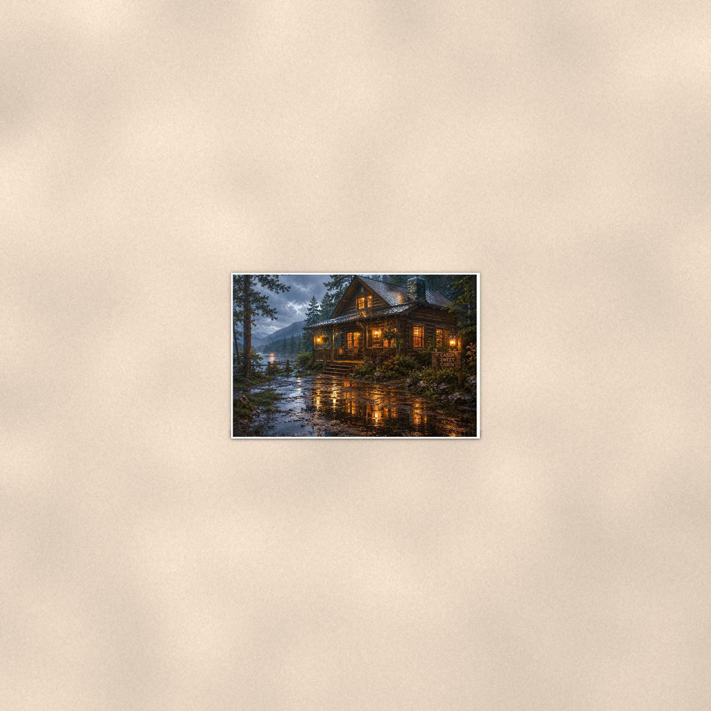 Rainy Lake Cabin — 36x24 in art print poster, premium luster paper with a white border; poster seen from further back, at true 24x36 in scale on a warm wall.