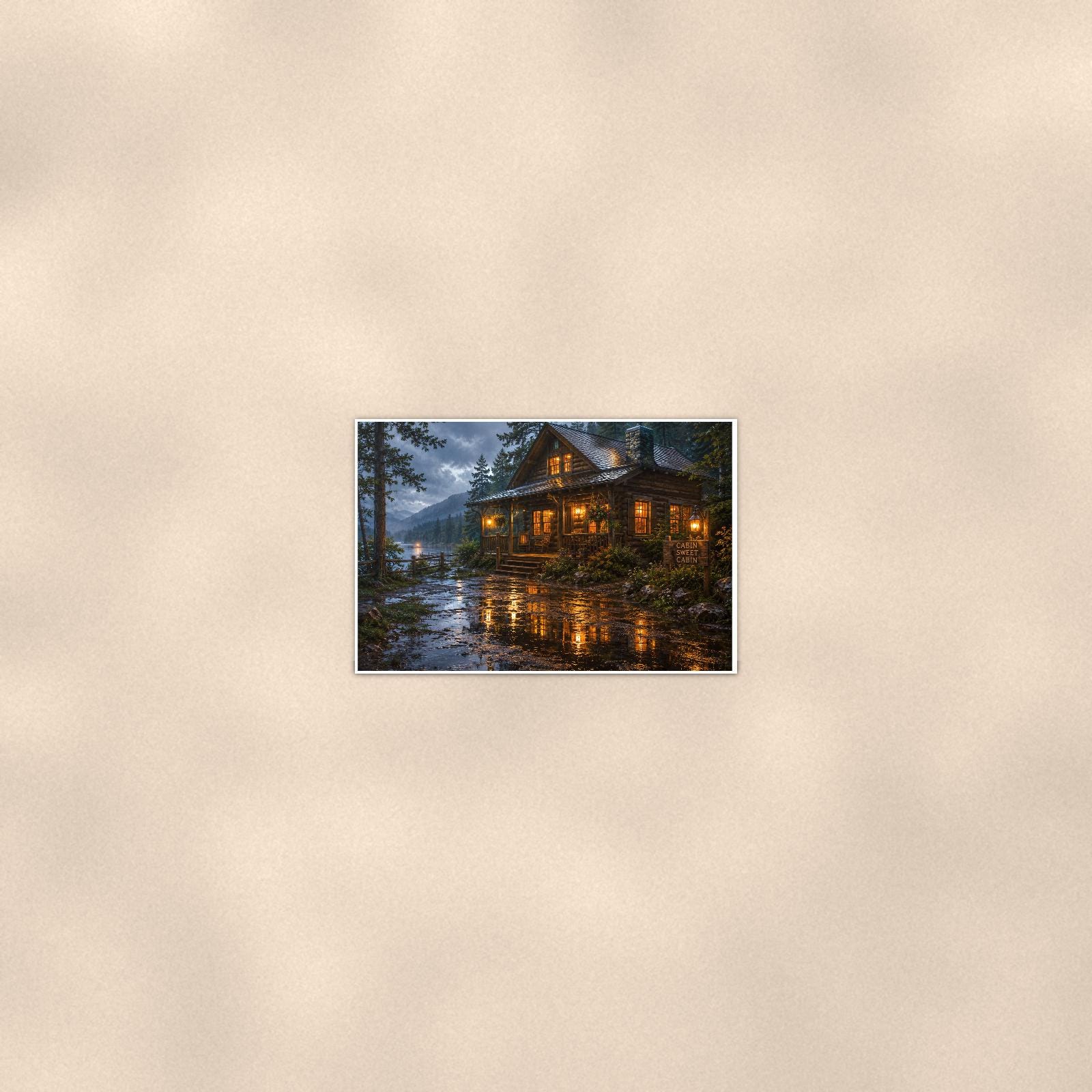 Rainy Lake Cabin — 36x24 in art print poster, premium luster paper with a white border; poster seen from further back, at true 24x36 in scale on a warm wall.