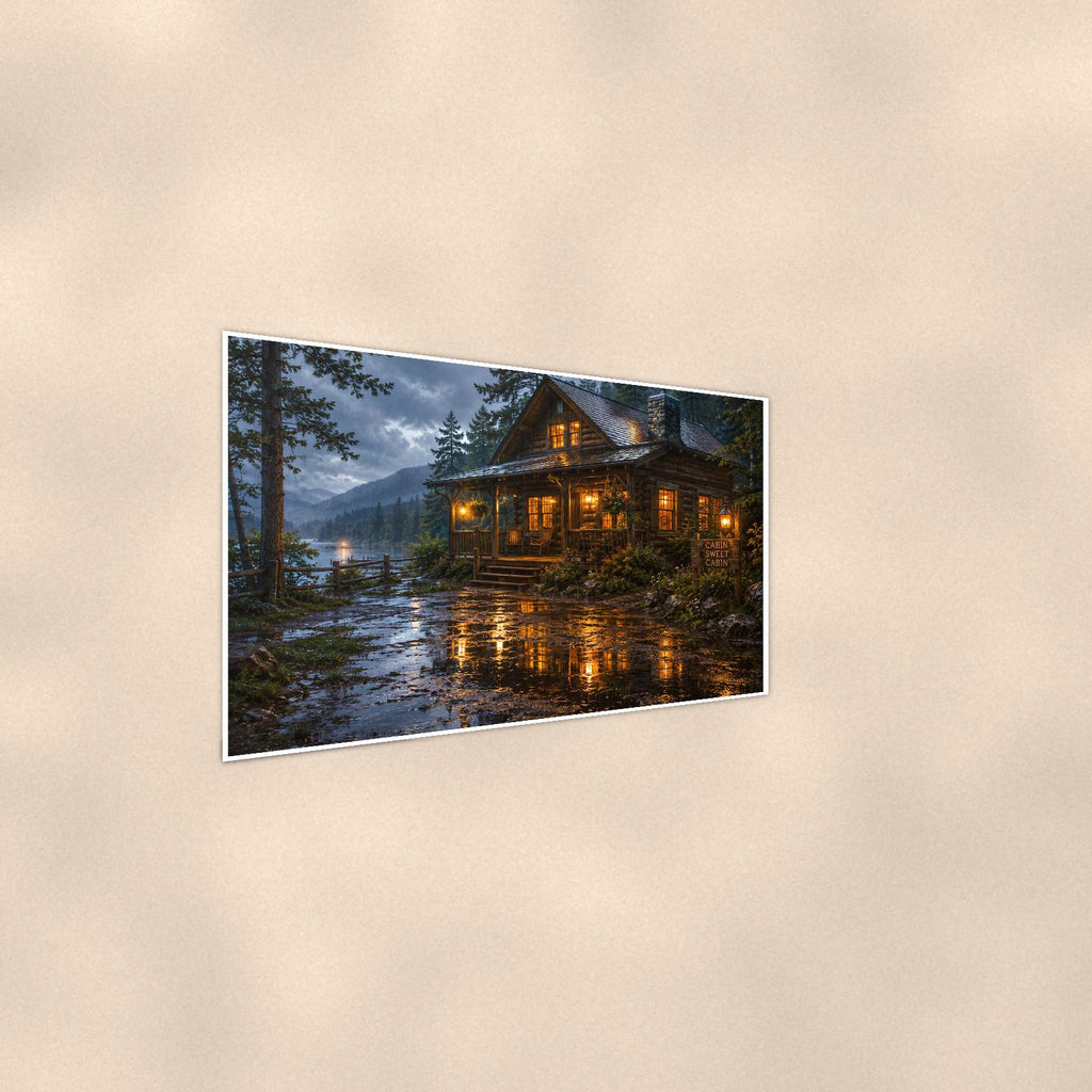 Rainy Lake Cabin — 36x24 in art print poster, premium luster paper with a white border; steeper three-quarter angle on a warm wall, catching the luster sheen.