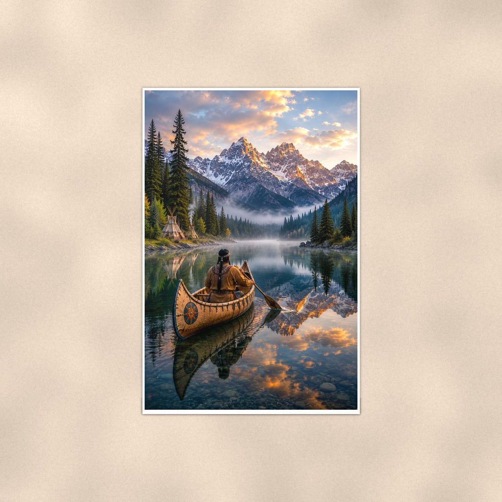 Mountain Canoe Lake — 24x36 in art print poster, premium luster paper with a white border; poster shown straight on against a warm wall.