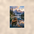 Mountain Canoe Lake — 24x36 in art print poster, premium luster paper with a white border; poster shown straight on against a warm wall.