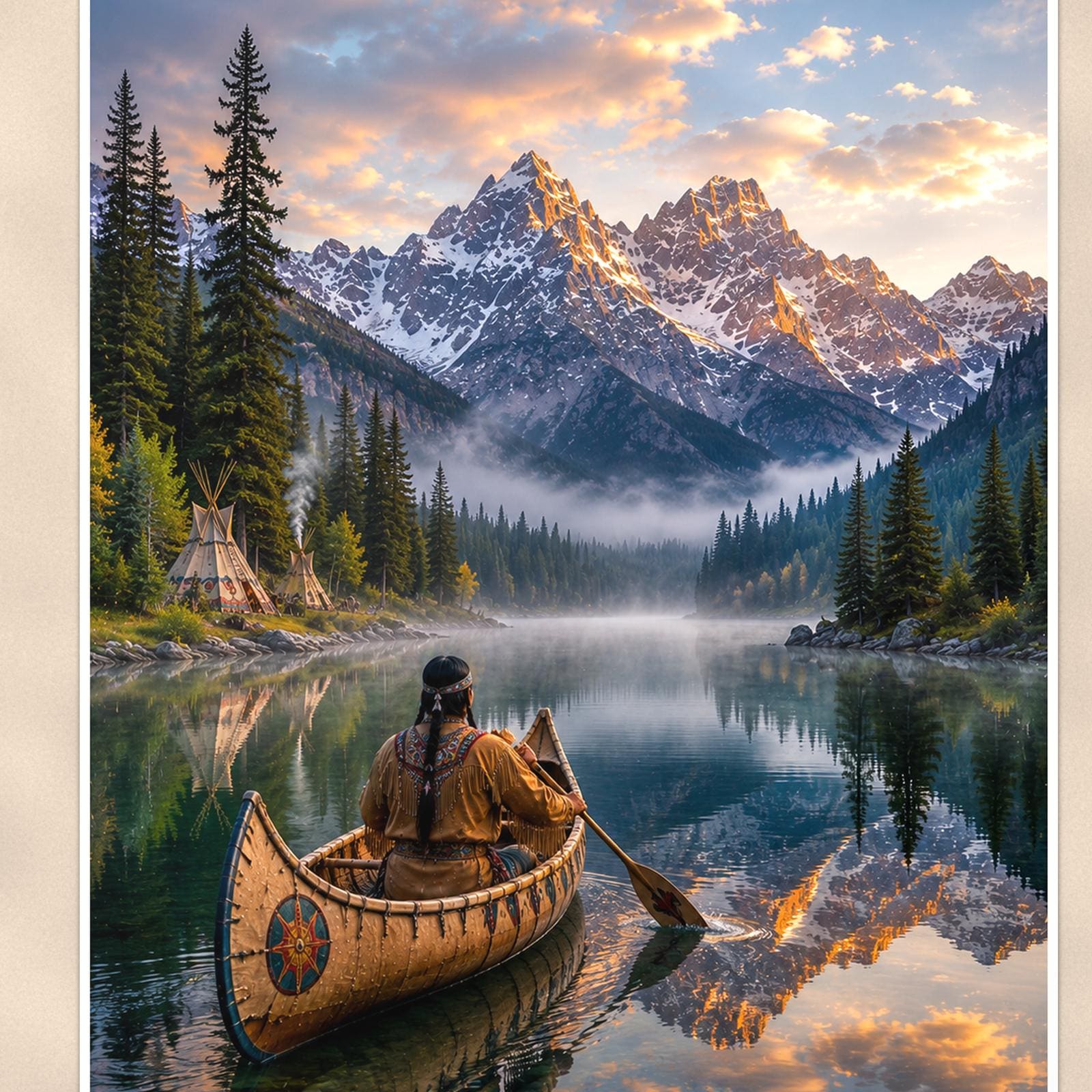 Mountain Canoe Lake — 24x36 in art print poster, premium luster paper with a white border; close-up framed on the main subject of the artwork, paper surface visible.