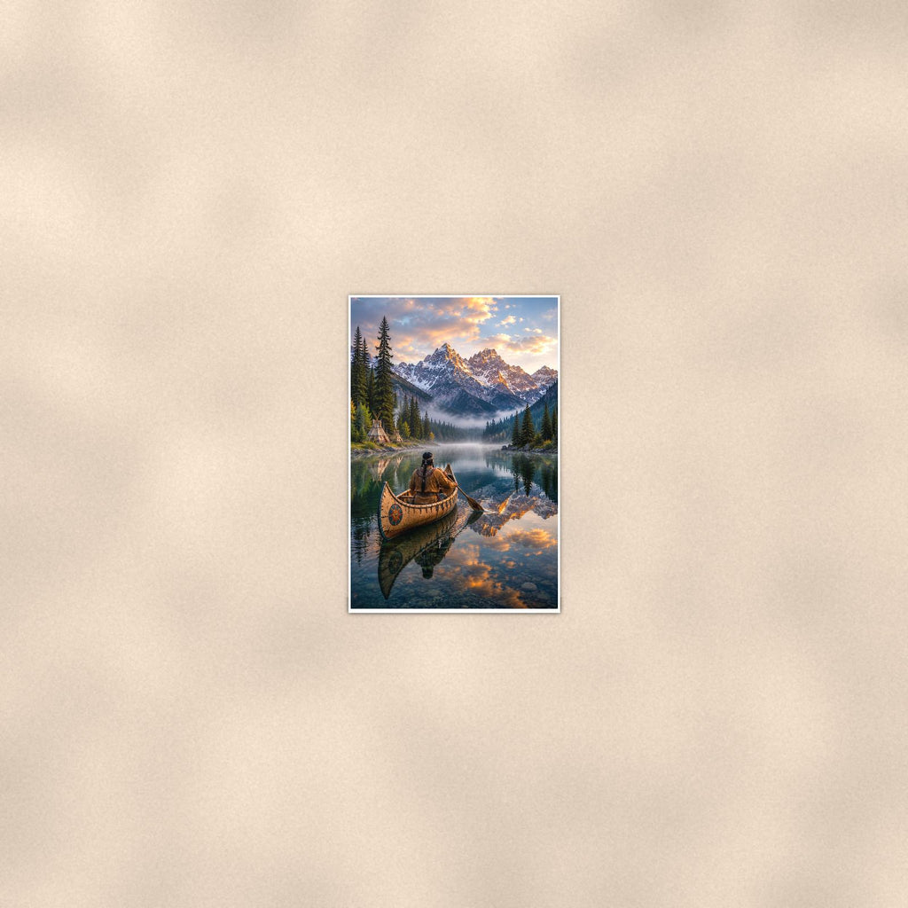 Mountain Canoe Lake — 24x36 in art print poster, premium luster paper with a white border; poster seen from further back, at true 24x36 in scale on a warm wall.