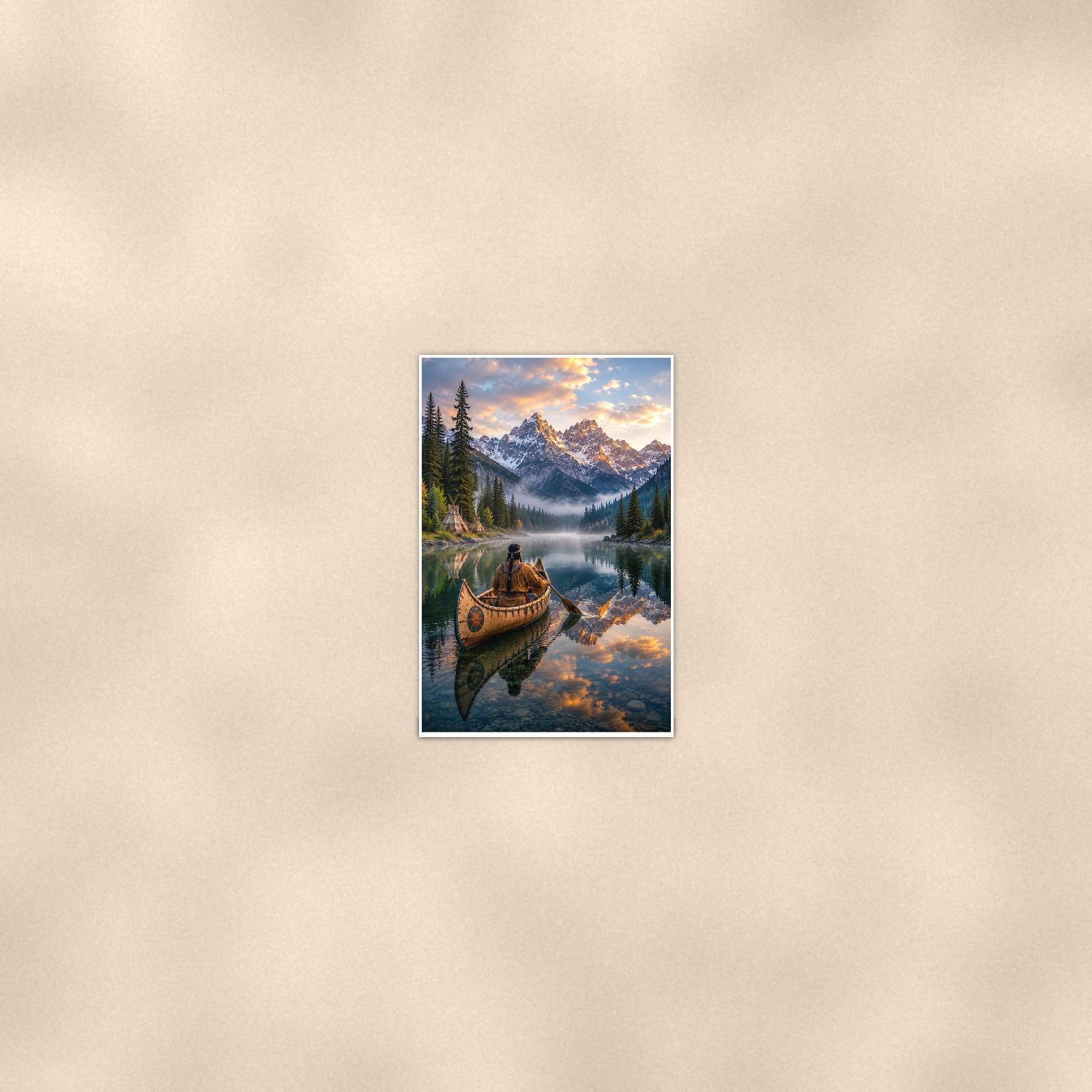 Mountain Canoe Lake — 24x36 in art print poster, premium luster paper with a white border; poster seen from further back, at true 24x36 in scale on a warm wall.